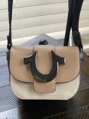 True Religion Beige and Cream Crossbody with Black Hardware